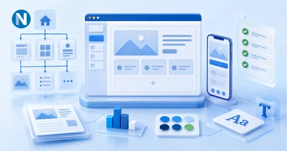 Modern website planning workspace with sitemap, wireframe, content, and mobile layout