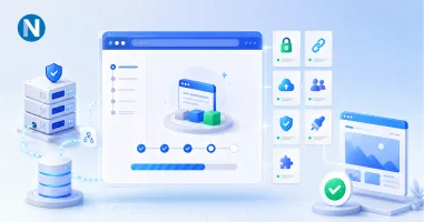 Modern WordPress installation setup with server, database, security, backups, plugins, and website launch